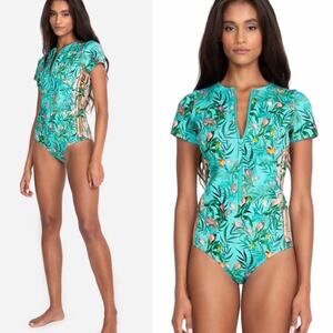 NWT Johnny Was Neoprene Taina One Piece Swimwear on Tropical Light Blue Size XS
